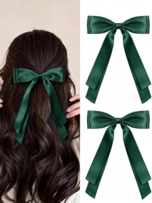 2pcs Women's Hair Clips, Dark Green Tassel Bow Hair Clips, Long Tail, Solid Color Satin Polyester Crocodile Clips, Fashion Hair Accessories - Dark Green - View 7