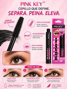PINK KEY Máscara de Pestañas Negra Impermeable PINK KEY, Efecto Volumen y Alargamiento, Cepillo de Silicona, Larga Duración - Ver 5