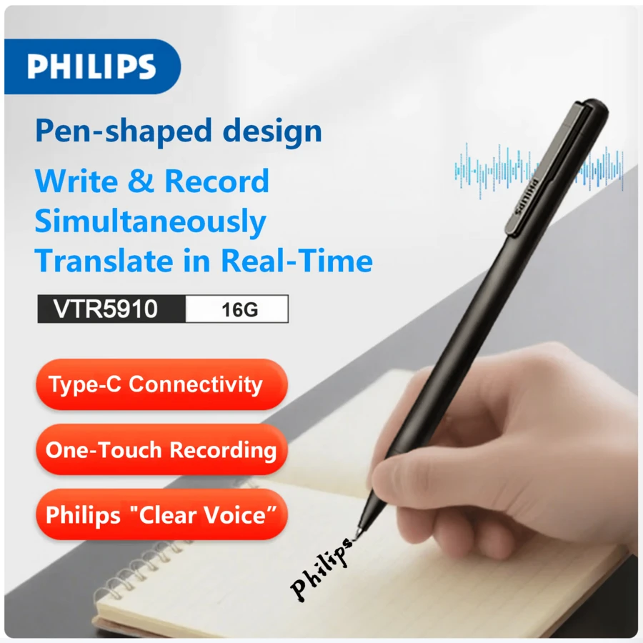 מכשיר הקלטה קולי PHILIPS VTR5910, עיצוב בצורת עט, 16GB אחסון, כתיבה והקלטה בו זמנית, הקלטה בלחיצה אחת, הפחתת רעשים חכמה, קישוריות Type-C לשיתוף מהיר, מושלם להרצאות, פגישות, שיעורים וראיונות
