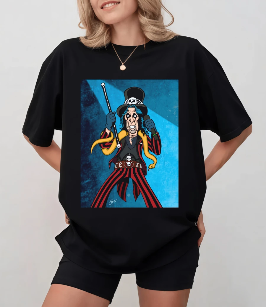 Black T-Shirt With Caricature Of A-Li-Ce C-Ooper As Ringmaster, Unisex Relaxed Fit - Black - View 1