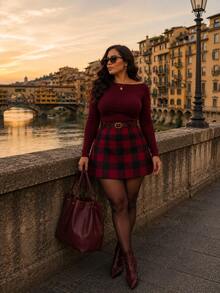 Elegance Checkered Skirt CHINE  WITHOUT BELT - Red - View 2