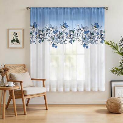 1pc Modern Blue Ombre Floral Sheer Curtain - 3D Digital Print, Rod Pocket Design, Suitable For Bedroom And Living Room Decor, Translucent Polyester Fabric, Easy Care