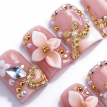 Handmade Reusable Press On Nails, Pink, Brown Gradient Base, 3D Flower Accents, Butterfly Details, Gem Embellishments, Glossy Finish, Elegant Charming Look Summer - Nhiều màu - Xem 6