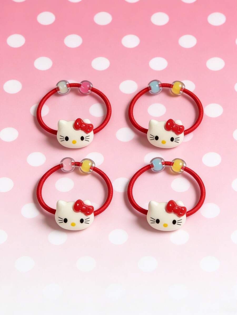 SANRIO 4入三麗鷗系列髮圈，可愛Hello Kitty髮飾，多彩時尚，適合日常配戴，開學禮物、情人節、母親節、生日派對、新年禮物，仿珍珠色隨機出貨