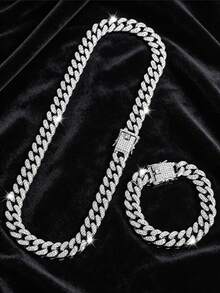 1pc 15mm Shiny Thick Chain Design, Rhinestone Inlaid Hip Hop Bracelet + Necklace Set, Suitable For Daily Wear And Party Decoration - Hip Hop Necklace Set - View 13