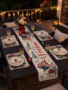 1 pieza "Estrellas, Rayas y Libertad" Juego de Camino de Mesa y Manteles Individuales - Estampado Floral Vintage de Bandera Americana con Borde Azul, Perfecto para Decoración del Hogar, Decoración de Habitación, Accesorios de Cocina, Jardín, Artículos de Jardín, Fiesta Campestre del 4 de Julio, Barbacoa, Picnic, Reunión Familiar, Celebración del Día de los Caídos y Boda Patriótica, Incluye 1 Camino de Mesa + 4 Manteles Individuales, Múltiples Tamaños Disponibles - Multicolor - Ver 5