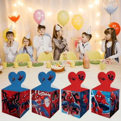 Caja de dulces temática, caja de decoración para fiesta de cumpleaños infantil, caja de regalo para mesa de postres de la fiesta de cumpleaños del niño, caja de regalo con tapa con forma de corazón de dibujos animados, caja de almacenamiento de galletas de chocolate para obsequios de cumpleaños del bebé, caja de regalo pequeña para decoración de fiesta, caja de papel creativa de colores clásicos rojo y azul, caja de embalaje de aperitivos para fiesta, caja de utilería para fotografía de ambiente de fiesta