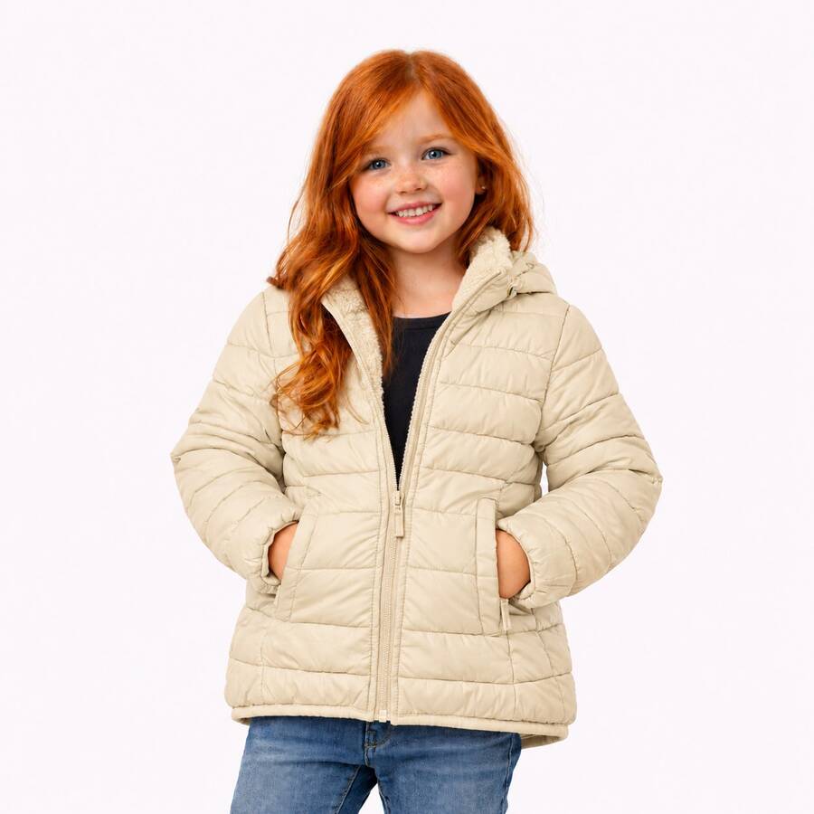 Women's Children's Jacket With Plush Lining Women's Puffer Blouse - Beige - View 1
