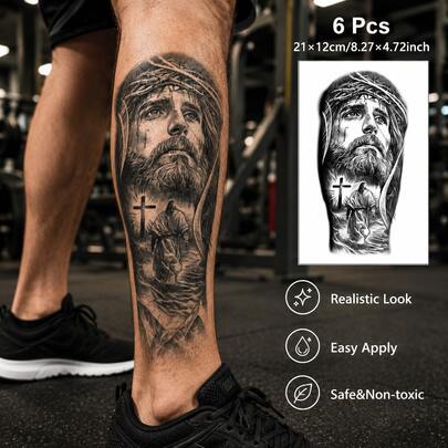 6 pezzi/1 pezzo Tatuaggi temporanei con motivo di corona di spine e croce, design di belle arti, effetto realistico, motivo complesso, formula a base di erbe [Tatuaggio realistico e impermeabile, durata 1-2 settimane] [Viso, mano, piede] [Festival musicale] [Trucco per feste]