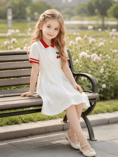 Nouvelle robe polo d'été pour filles tout-petits avec broderie de cerises, style preppy. Robe ample et respirante avec col contrasté, taille plissée et ourlet doux et jeune. Polyvalente pour l'école, les sorties et les activités décontractées.