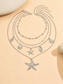 Set de 4 collares de estilo boho de verano hechos a mano con colgantes de margarita, estrella de mar y concha, de múltiples capas y ajustables, para uso diario y fotografías en la playa - Multicolor - Ver 2