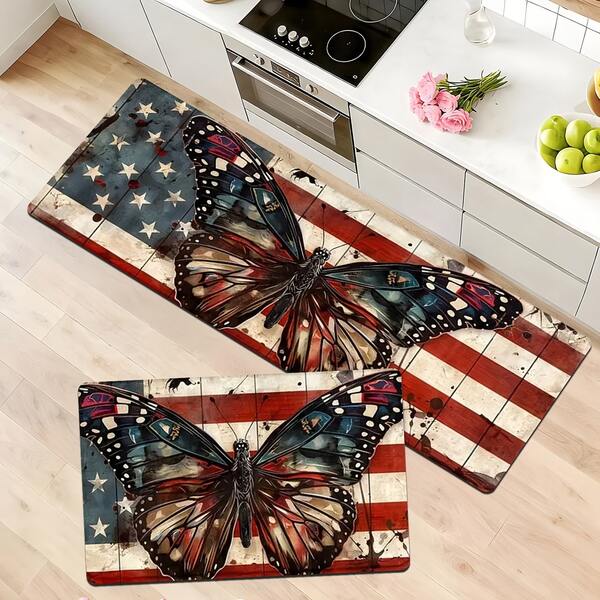 1pc American Style Red & Blue Butterfly Pattern Crystal Velvet Hallway Runner Rug, Corridor Long Rug, Rug, Long Rug, Area Small Rug, Mat, Home Decor, Area Rug, Living Room Area Rug, Living Room Home Decor, Room Decor, Washable Rug