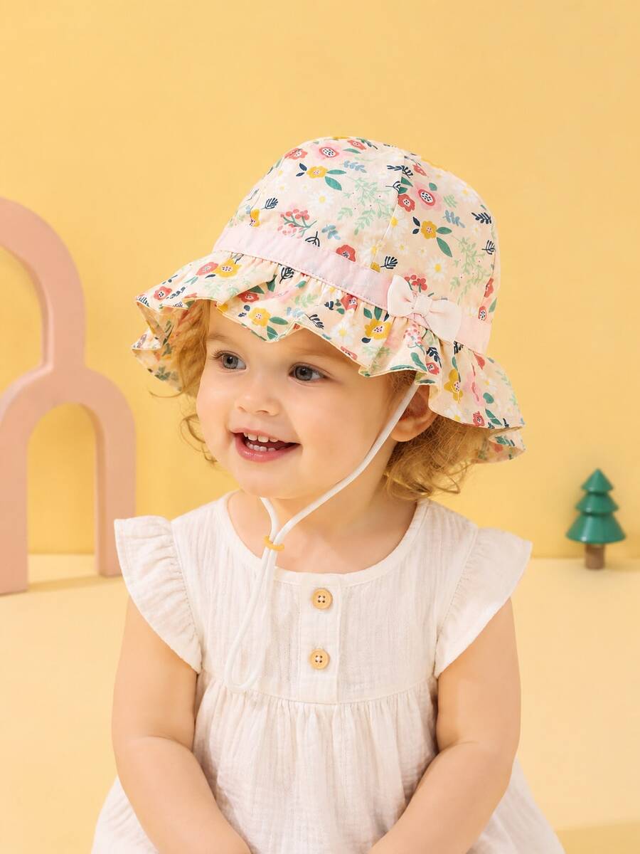 1pc Baby Girls Flower Pattern Sun Ion Bucket Hat For Outdoor - Multicolor - View 1