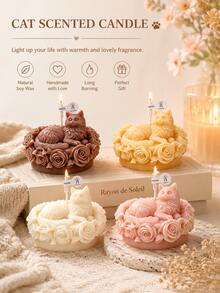 Cat Wreath Shaped Scented Candle - 4 Colors Natural Soy Wax Handmade Long-Lasting, Healing Home Decor, Birthday Gift - Rose Cat Language - Scented Candle - View 1