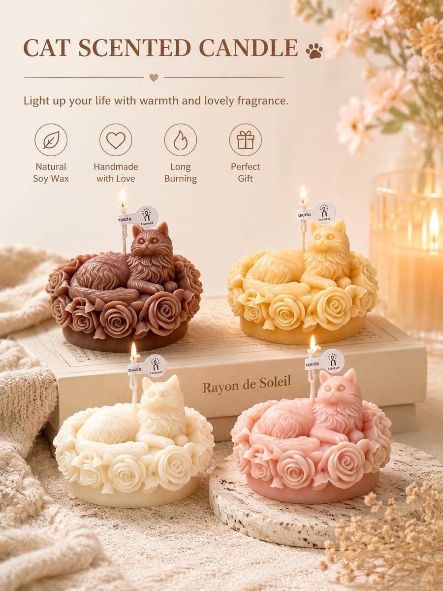 Cat Wreath Shaped Scented Candle - 4 Colors Natural Soy Wax Handmade Long-Lasting, Healing Home Decor, Birthday Gift - Rose Cat Language - Scented Candle - View 1