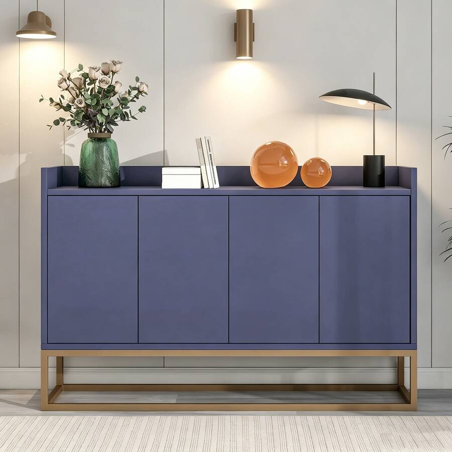 KatFash Sideboard, Sideboard Chest Of Drawers, Storage Cabinet With Metal Legs, Kitchen Furniture With 4 Doors And Adjustable Shelves, Kitchen Cabinet 120 X 30 X 80 Cm For Dining Room, Living Room (Blue) - Blue - View 1