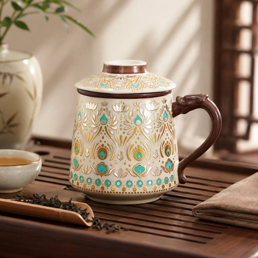 Elegant Ceramic Lotus Mug With Gold & Silver Lotus Pattern, Artistic Coffee Tea Cup With Matching Lid And Built-In Infuser Filter For Loose Leaf Tea, Herbal Drinks, Coffee, Milk & Hot Or Cold Beverages, Smooth Glazed Ceramic Mug Designed For Comfortable Grip And Easy Cleaning, Decorative Floral Lotus Drinkware For Home, Office Desk, Study Room, Reading Corner & Relaxing Tea Time Moments, Luxury Asian Inspired Ceramic Cup Combining Practical Everyday Use With Sophisticated Decorative Appeal, Multifunction Tea Mug With Lid Helps Retain Heat While Stainless Infuser Supports Tea Brewing Convenience, Stylish Lotus Pattern Mug Ideal For Morning Coffee, Afternoon Tea, Meditation Spaces, Wellness Routines & Elegant Table Decor, Durable Ceramic Drink Cup Suitable For Women, Tea Lovers, Coworkers, Friends & Gift Giving Occasions - Dunhuang - View 1