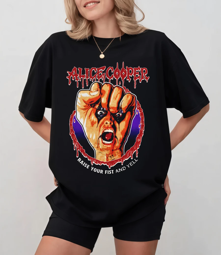Black T-Shirt With Red Logo And A-Li-Ce C-Ooper Fist Illustration, Unisex Relaxed Fit - Black - View 1