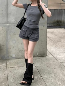 韓式性感掛脖領假兩件式短袖上衣，聚酯纖維混紡，適合日常穿著，單肩設計 - 灰色 - 查看 7