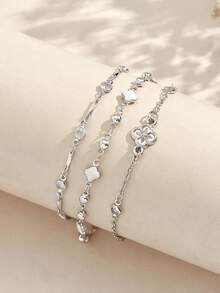 3pcs/Set Fashion Multi-Layer Stacked Clover Transparent Rhinestone Decor Anklet Charm Women's Beach Rhinestone Anklet Suitable For Daily Wear, Parties, Beach Vacation And Travel, Handmade Chain Cut To Length With Variable Bead Count - Silver - View 3