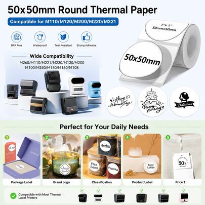 6 cuộn giấy in nhiệt mini tròn – 50*50mm, tương thích với máy in bỏ túi M110/M120/M200/M220/M221/M150, nền trắng chữ đen, hoàn hảo để in hóa đơn tức thì, ghi chú, danh sách, nhật ký tự làm và nhãn dán kế hoạch.