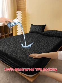 1pc Black Leopard Print 100% Waterproof TPU Fitted Sheet, Stain-Resistant Mattress Protector, Mattress Cover, Fitted Sheet, Soft And Breathable, -Twin, Full, Queen, King, Deep Pocket Design Up To 11.8 Inches, Breathable And Wrinkle-Resistant, Machine Washable, Suitable For Dorms, Guest Rooms, Dust-Proof And Skin-Friendly, Back To School Bedding - Black - View 1