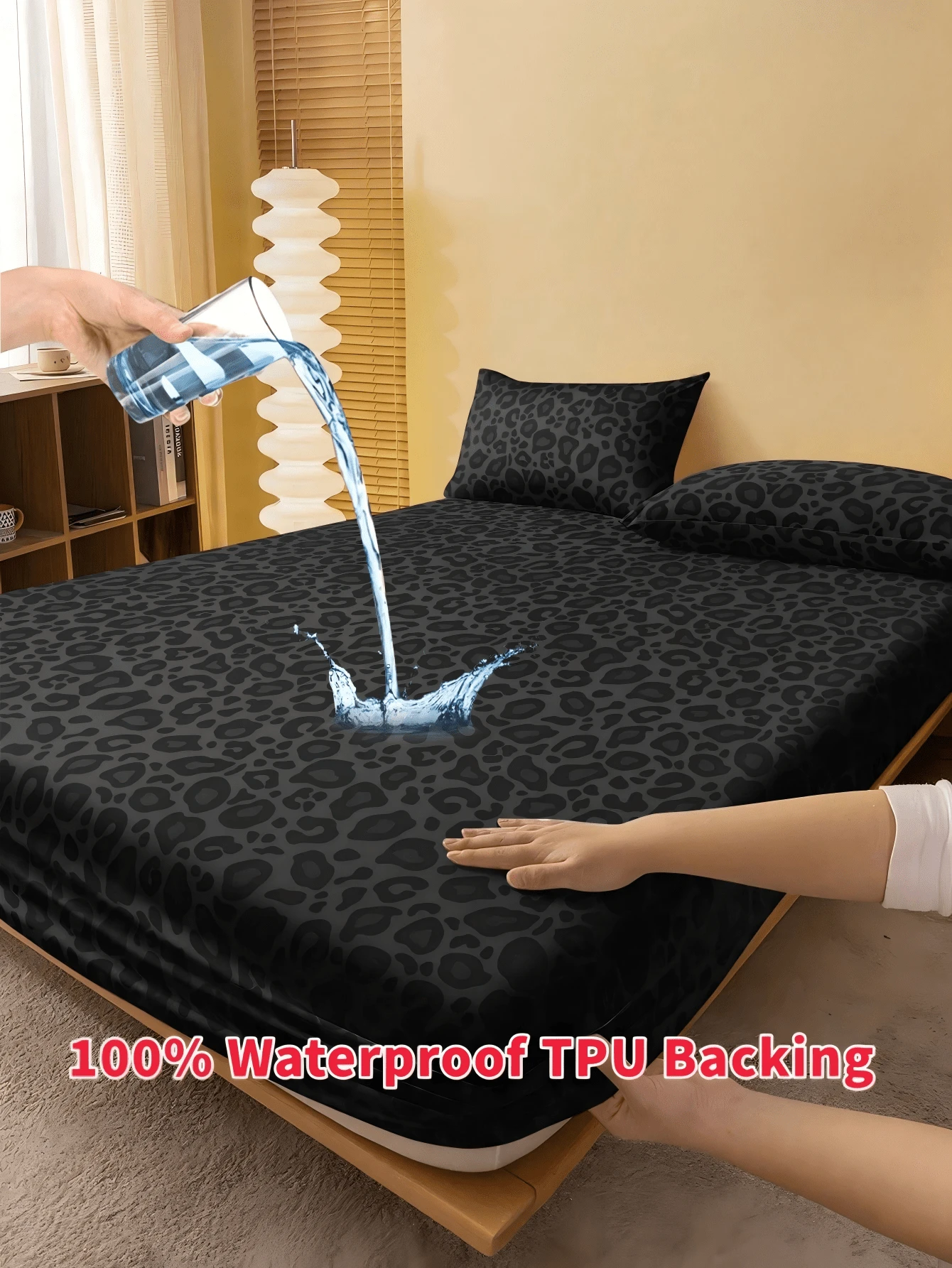 1pc Black Leopard Print 100% Waterproof TPU Fitted Sheet, Stain-Resistant Mattress Protector, Mattress Cover, Fitted Sheet, Soft And Breathable, -Twin, Full, Queen, King, Deep Pocket Design Up To 11.8 Inches, Breathable And Wrinkle-Resistant, Machine Washable, Suitable For Dorms, Guest Rooms, Dust-Proof And Skin-Friendly, Back To School Bedding - Black - View 1