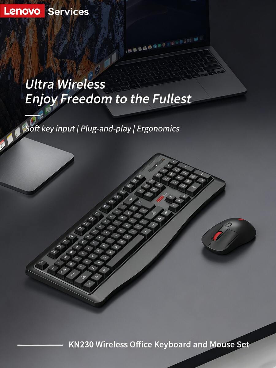 Bộ bàn phím và chuột không dây Lenovo KN230 2.4G, bàn phím 104 phím kích thước đầy đủ kiểu Chocolate, chuột quang công thái học, bộ bàn phím và chuột văn phòng yên tĩnh dành cho PC, Laptop, Máy tính để bàn, sử dụng Windows tại nhà/văn phòng. - Xem 1