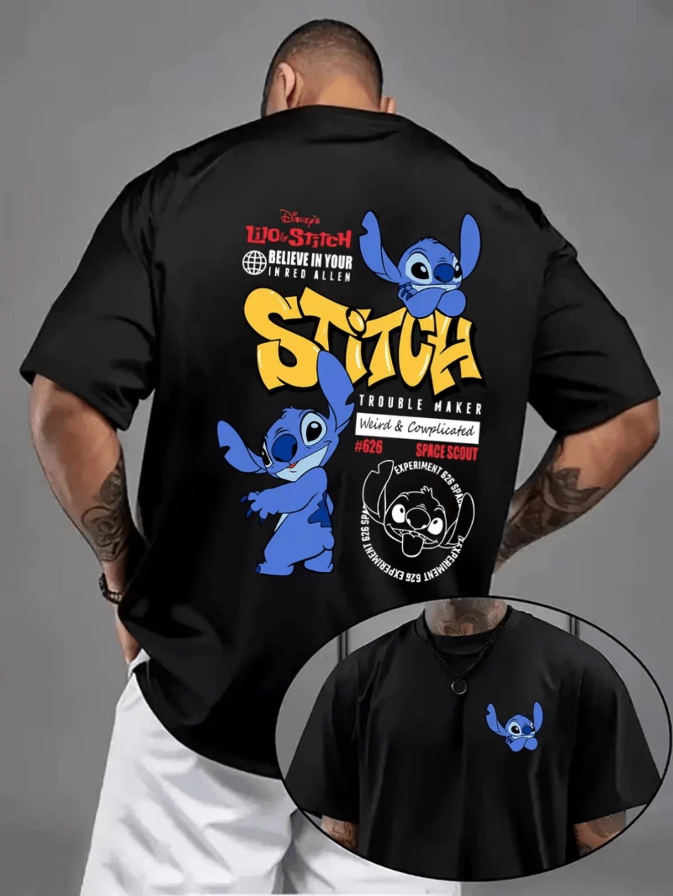 (Disney Licensed)Disney Lilo & Stitch Stitch "Experiment 626" Graffiti Graphic T-Shirt, Men's 100% Cotton Crew Neck Short Sleeve Tee, Loose Oversized Casual Streetwear, Streetwear Style Stitch Back & Chest Print T-Shirt For Men, Mens Clothes, Men, Ropa De Hombre, Summer Clothes, Men Shirts, Graphic Tees, Disney Outfits Men, Graphic Tees, Camisetas Para Hombre, Camisas Para Hombre, Summer Outfits For Men, Father's Day Gift, Perfect Gift For Family And Friends, Which Are Necessary For Birthday Parties, Disney Shirts, Mens Clothes, Summer Clothes, Officially Licensed Disney T-Shirts, Disney Men's And Women's Spring/Summer Fashion Casual Short-Sleeve T-Shirts - màu đen - Xem 1
