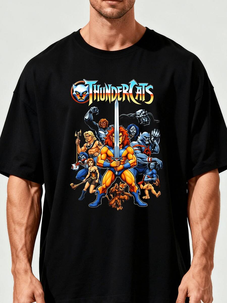 Thundercat Print T-Shirt, Men's Short Sleeve Crew Neck T-Shirt, Spring/Summer, Breathable, Casual And Sporty, Lightweight And Comfortable, Suitable For Promotion In Local Community Stores And By Online Influencers. - Black - View 1