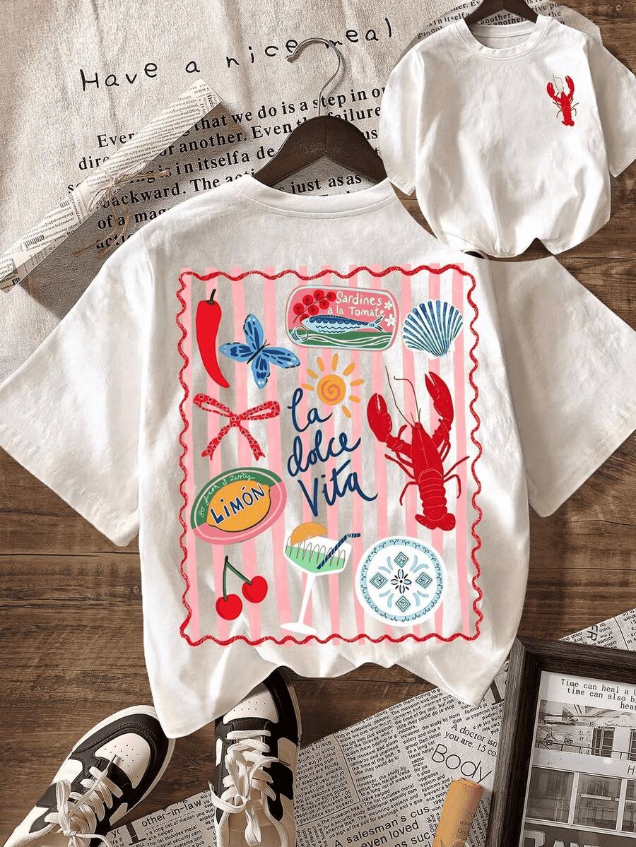 青少年女孩休閒趣味印花圓領套頭短袖T恤夏季上衣 - 白色 - 查看 1
