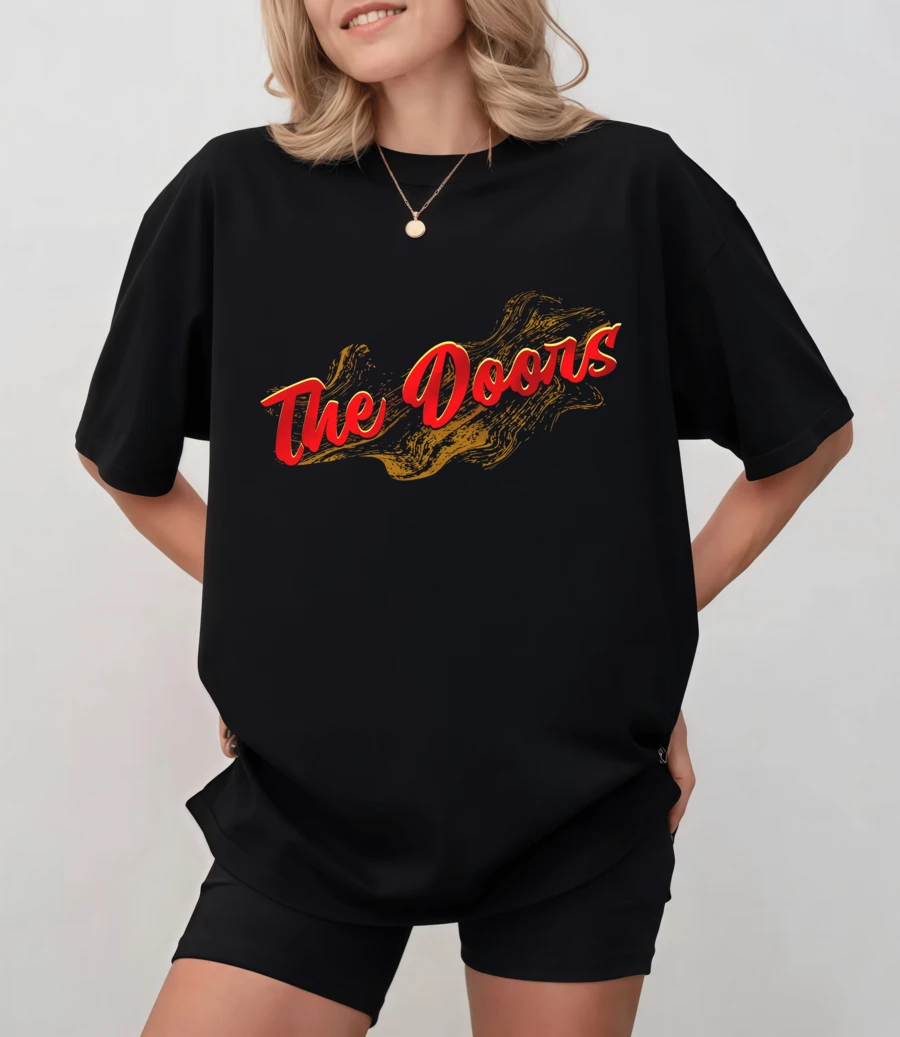 Black T-Shirt With Stylized Red And Gold "The Doo-Rs" Logo, Unisex Relaxed Fit - Black - View 1