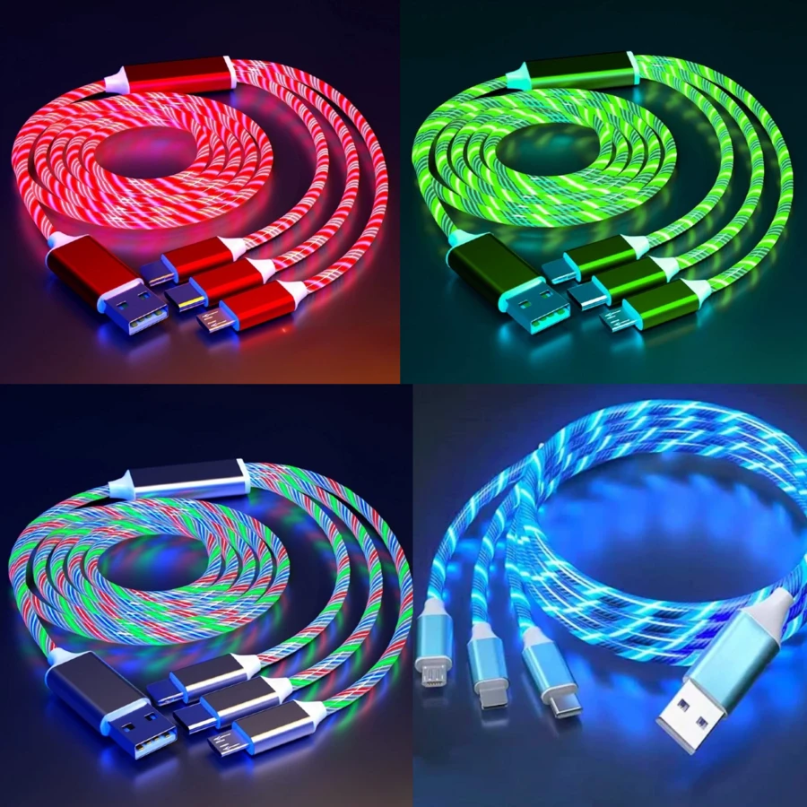 3-In-1 LED Charging Cable (1pc): Type-C, Lightning, Micro USB Interfaces - Multifunctional Charger Suitable For Smartphones, Earphones, E-Readers, Game Consoles, Power Banks And More. Great For Car, Travel And Office Use.