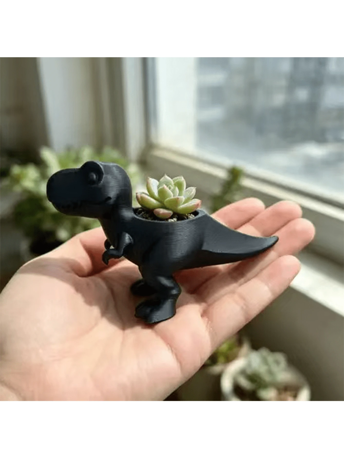 Mini T-Rex Dinosaur Succulent Plant Pot, Cute Desktop Decor, Creative Black Dinosaur Shaped Succulent Planter, Small Office Desk Decoration, Unique Dinosaur Succulent Plant Container - Multicolor - View 1