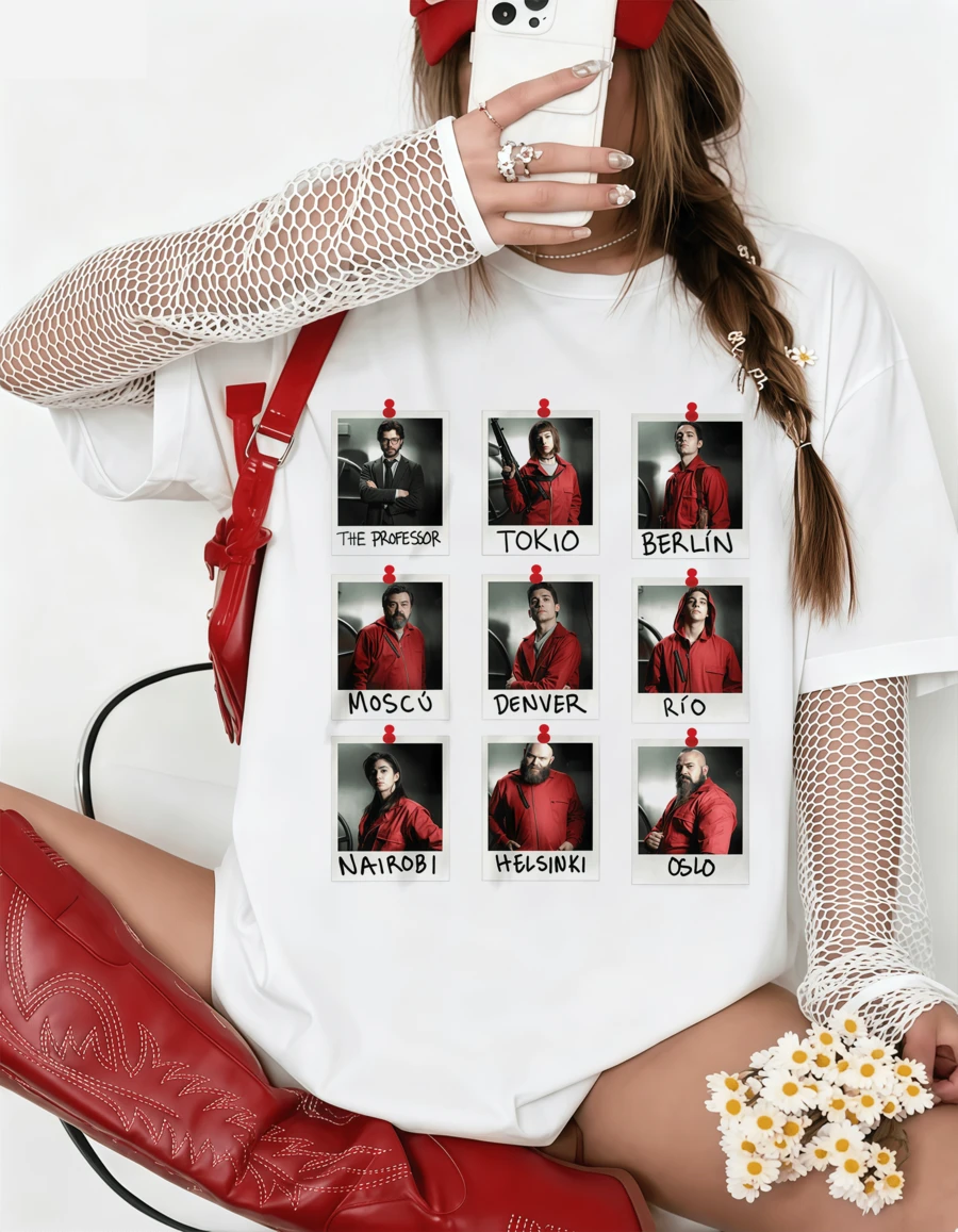 Money Heist T-Shirt | Character Polaroids | Tokyo Berlin Professor - White - View 1