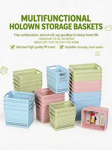 1 pieza Cesta de almacenamiento de plástico de gran capacidad color macaron, caja organizadora multifuncional para snacks y juguetes de escritorio, material PP con asa integrada, caja de almacenamiento apilable y minimalista que ahorra espacio, adecuada para el hogar, la cocina, el baño, el dormitorio y la oficina - Multicolor - Ver 2