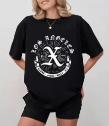 Black T-Shirt With X Los Angeles Punk Style Logo, Unisex Relaxed Fit - Black - View 7