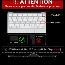 1個奶油色純色英文鍵盤保護套，適用於MacBook Neo 13吋 (A18) Pro 2026款 A3404 512GB 附Touch ID，防刮、防油、易安裝 - 查看 9