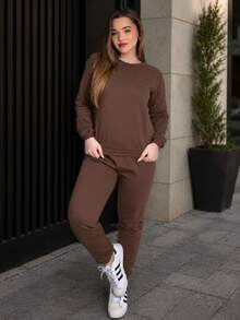 Women's Fleece Tracksuit Set: Long-Sleeved Sweatshirt And Comfortable Cotton Jogger Pants - 鏽棕色 - 查看 1