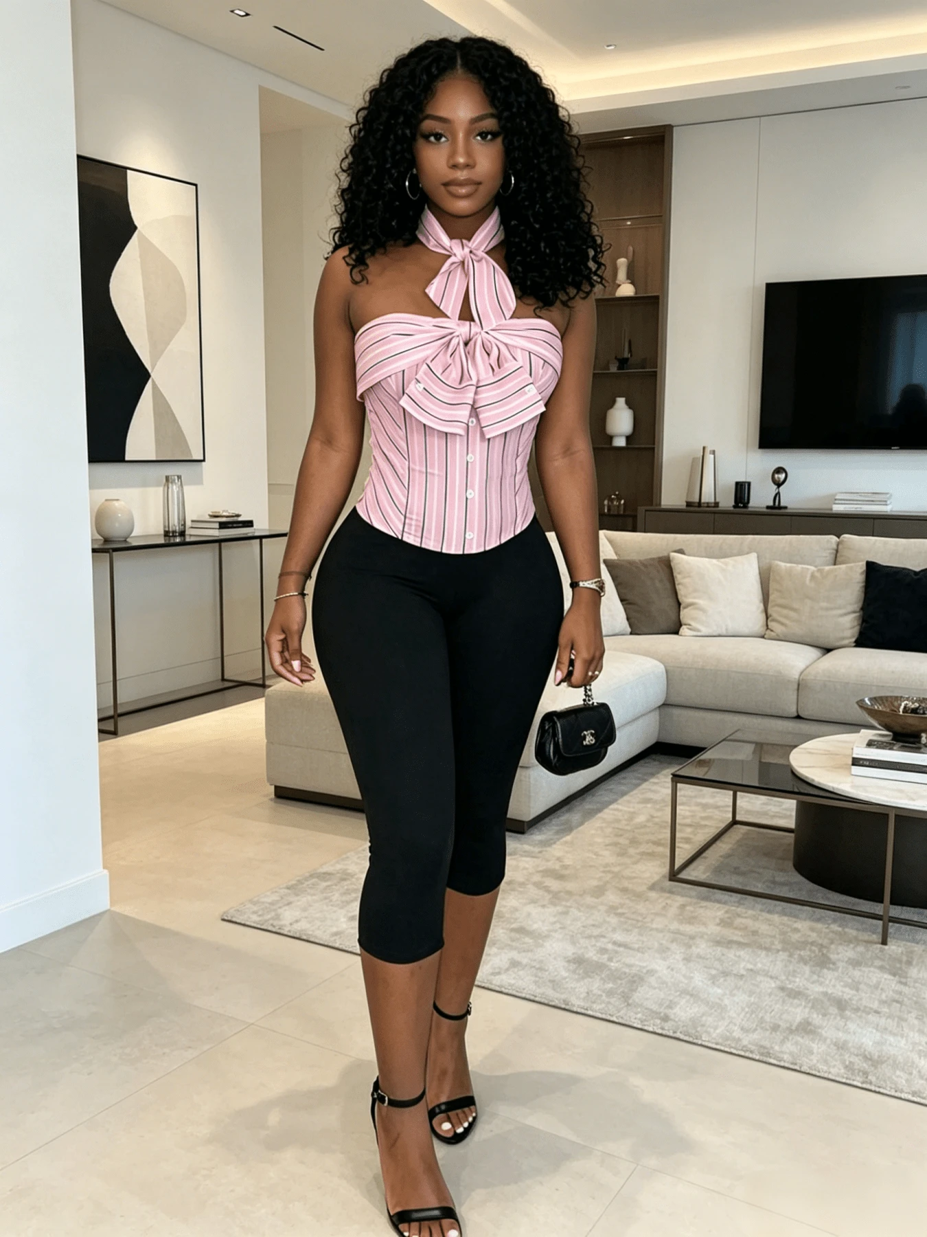 Áo corset thắt nơ phía trước kẻ sọc hồng, áo thun lửng lưng nhún co giãn, phong cách Y2K cho mùa hè và kỳ nghỉ. - Hồng - Xem 1