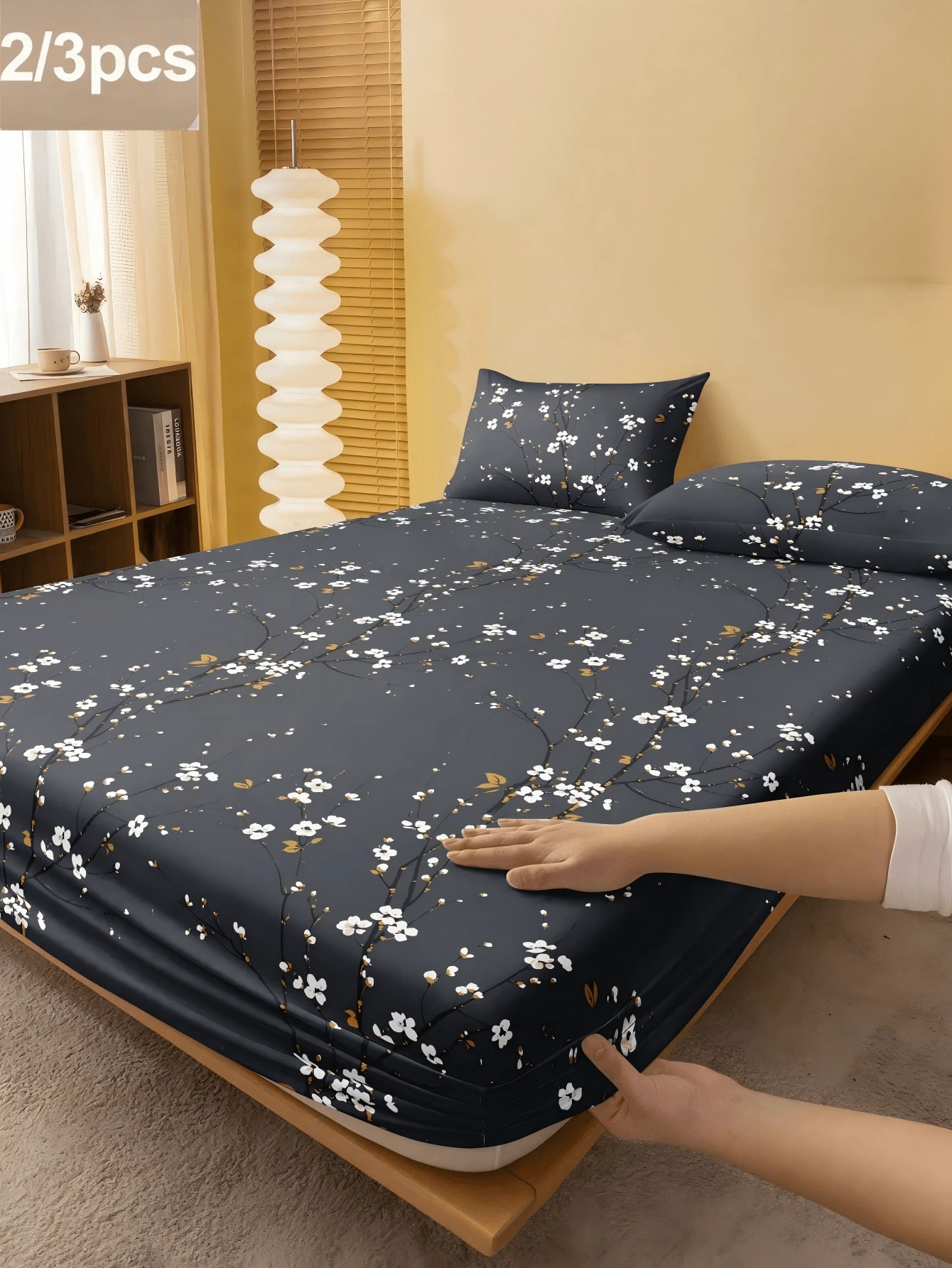 Bộ 2/3 món ga giường họa tiết hoa mận màu xám đậm (1 ga chun + 1/2 vỏ gối), tấm bảo vệ nệm, phù hợp mọi kích thước giường - Double, Full, Queen, King, mềm & thoáng khí, độ sâu ga lên đến 11.8 inch, dệt may gia đình - Màu xám đen - Xem 1
