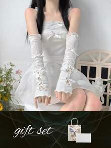 OBOVAY Lolita 雙層蝴蝶結女款袖套，透視網紗防紫外線無指套袖套，JK Cosplay 戶外防曬防 UV 袖套，輕盈透氣情人節返校拍照禮物配件 - 彩色 - 查看 5
