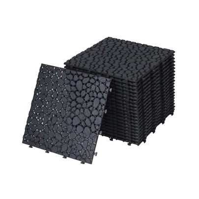 Black Interlocking Deck Tiles Plastic Waterproof Outdoor All Weather Anti-Slip Bathroom Shower Balcony Porch Strong Weight Capacity Upto 440 LBS, Pebble Stone Pattern