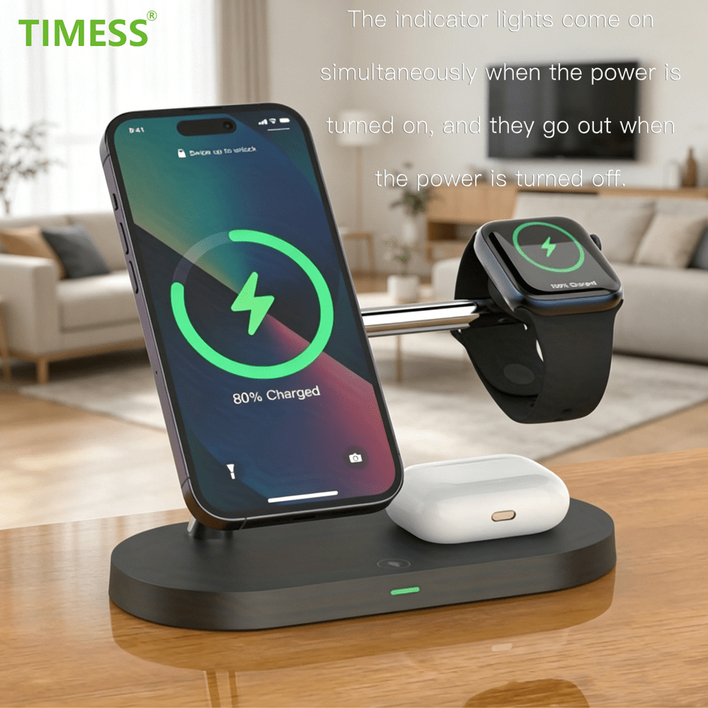 TIMESS 5-In-1 Magnetic Wireless Charging Stand, 15W Qi Fast Charging Dock With LED Night Light, Compatible With IPhone 17/16/15/14/13/12 Pro Max Mini, 17 Pro Max, 9/8/7/SE/6/5/4/3/2, 3/2/Pro