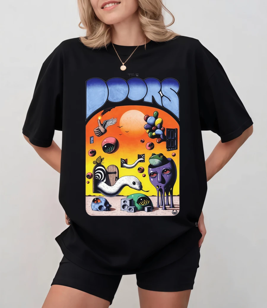 Black T-Shirt With P-Sychede-Lic The Doo-R-S  Illustration, Unisex Relaxed Fit - Black - View 1