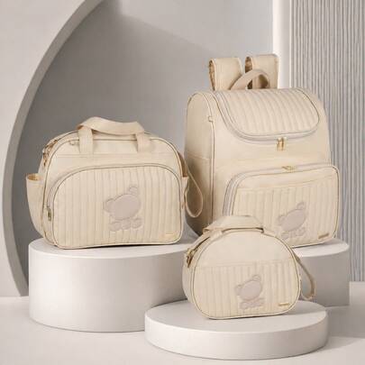Kit Bolsas Maternidade 3 peças, Bolsa e Frasqueira Bege c/Mochila Urso Bordado