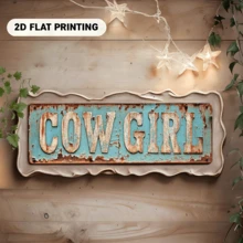 復古裝飾藝術風格「Cowgirl」鐵製招牌－仿舊青綠色與白色雙色金屬牆飾，尺寸 16x4 英吋，適合酒吧、餐廳、門廊、花園、西部主題空間，牛仔裝飾，2D 圖形設計 - 多色 - 查看 9