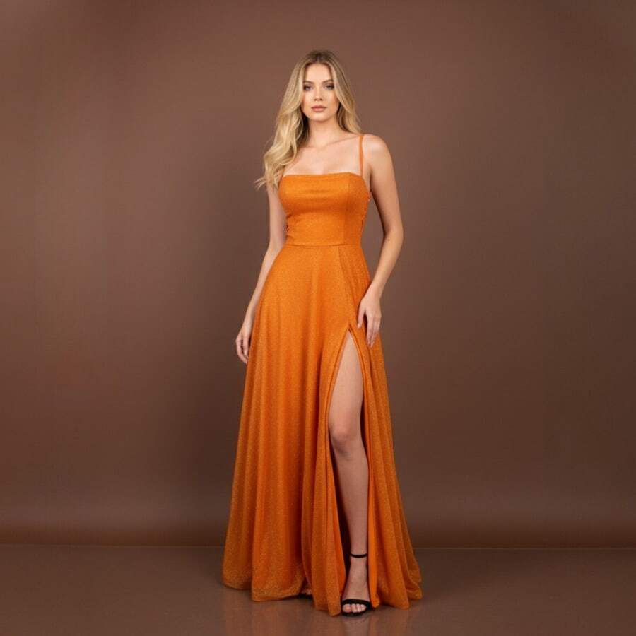 Gabi Dress With Sparkling Tulle And Crossed Side Detail - Orange - View 1