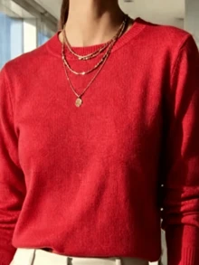 WOMEN'S LONG SLEEVE KNITTING BLOUSE WINTER BASIC ROUND NECK SWEATSHIRT - 紅色 - 查看 1