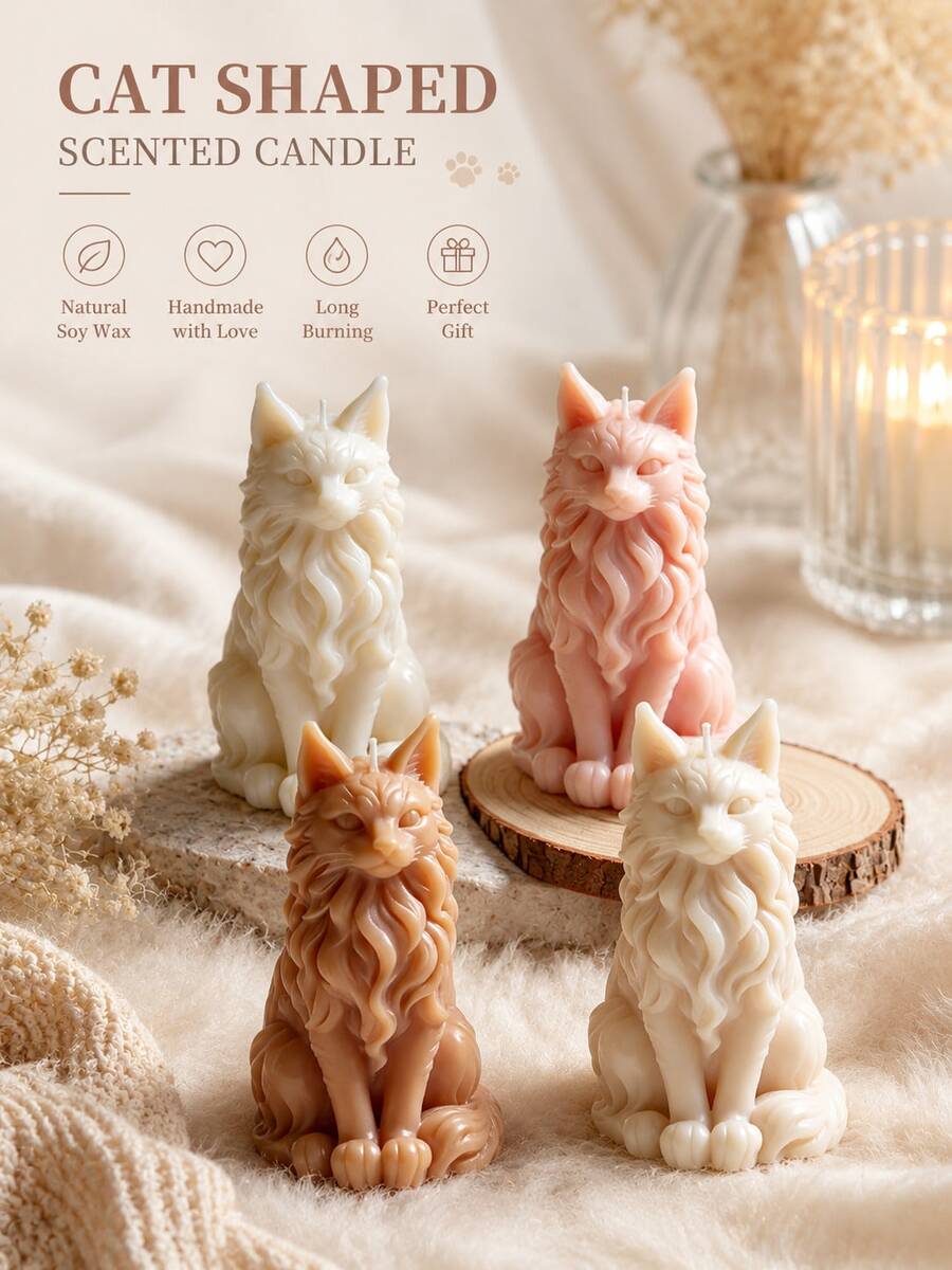 猫形香氛蜡烛 - 4 种颜色可选，天然大豆蜡手工制作，持久留香，舒缓身心的家居装饰，完美礼物 - 貓咪-蠟燭 - 查看 1